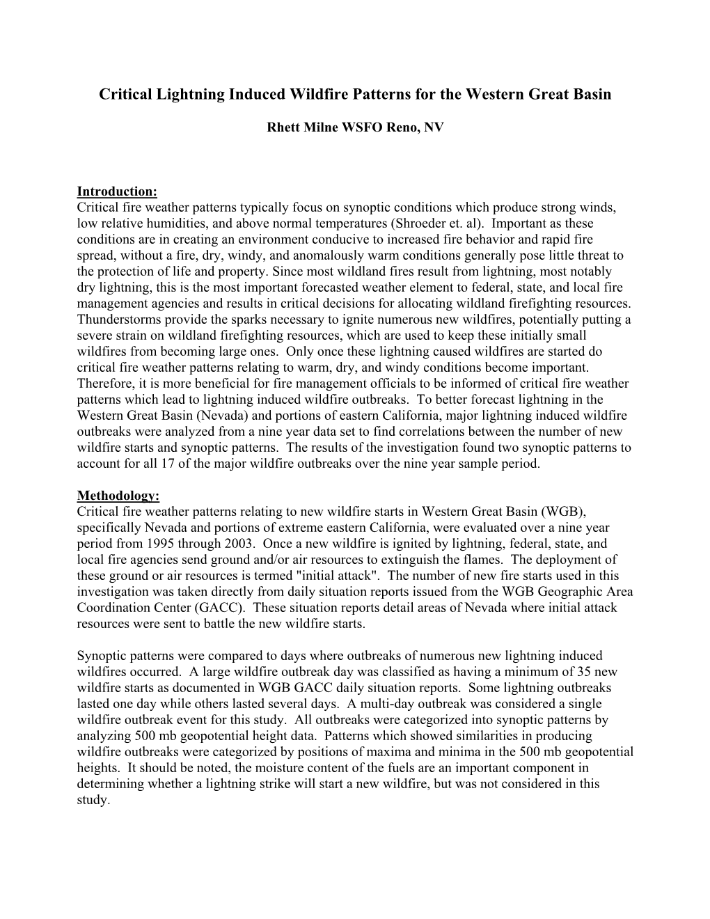 Critical Lightning Induced Wildfire Patterns for the Western Great Basin