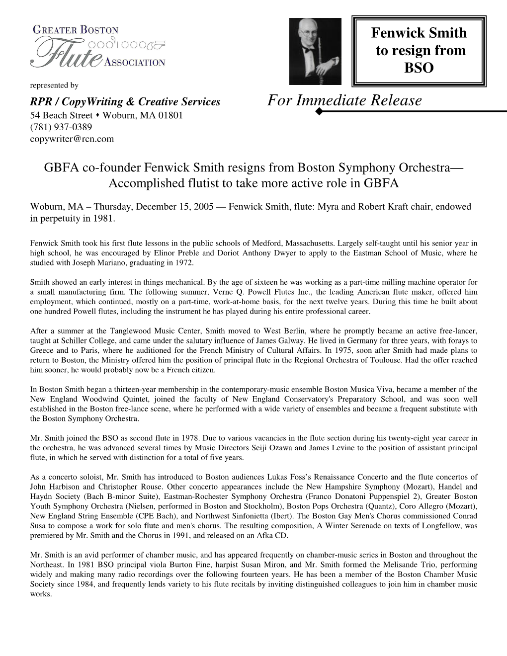 GBFA Co-Founder Fenwick Smith Resigns from Boston Symphony Orchestra— Accomplished Flutist to Take More Active Role in GBFA
