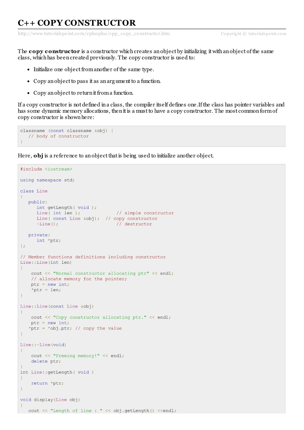 C++ COPY CONSTRUCTOR Rialspo Int.Co M/Cplusplus/Cpp Co Py Co Nstructo R.Htm Copyrig Ht © Tutorialspoint.Com