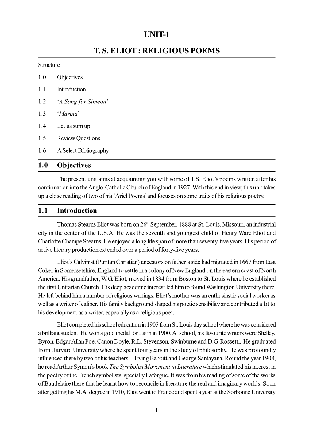 Unit-1 T. S. Eliot : Religious Poems
