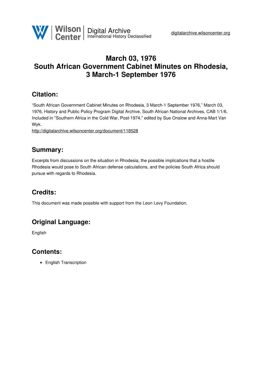 March 03, 1976 South African Government Cabinet Minutes on Rhodesia, 3 March-1 September 1976