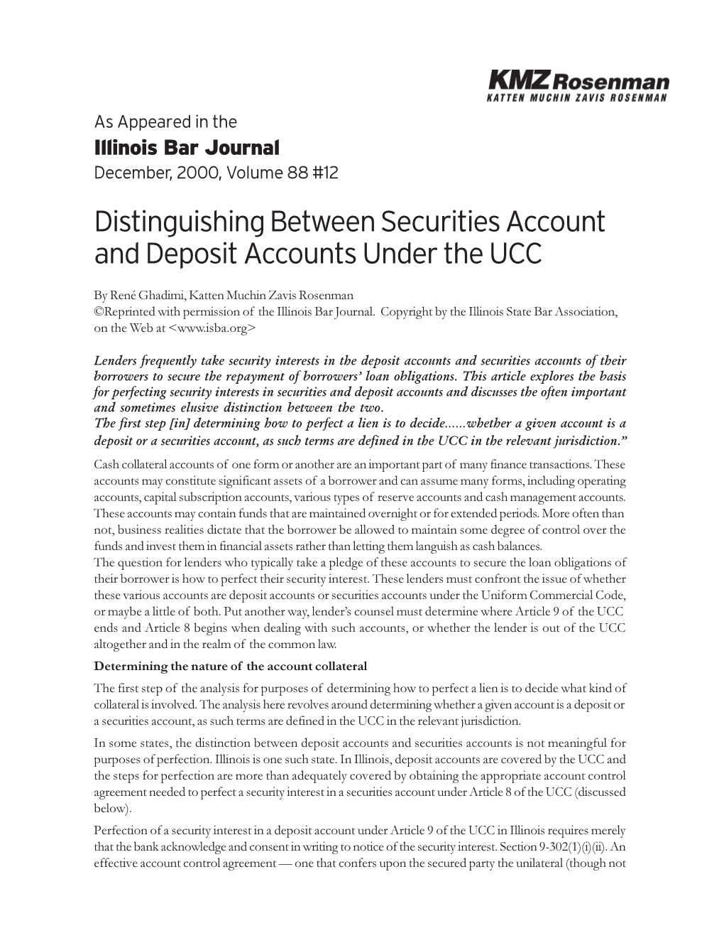 Distinguishing Between Securities Account and Deposit Accounts Under the UCC