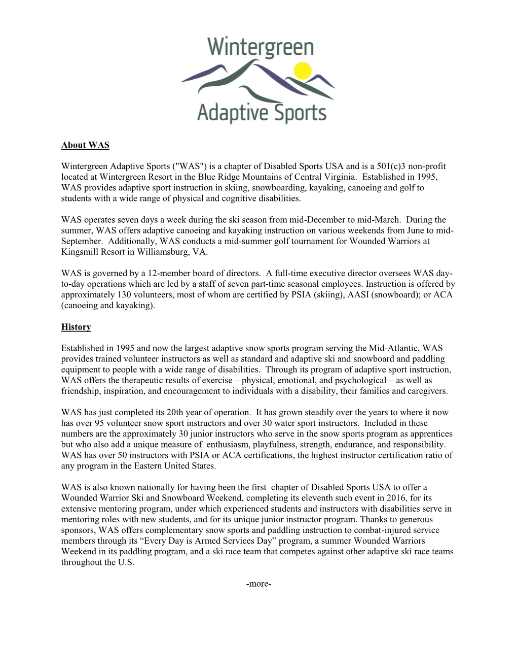 Wintergreen Adaptive Sports Fact Sheet