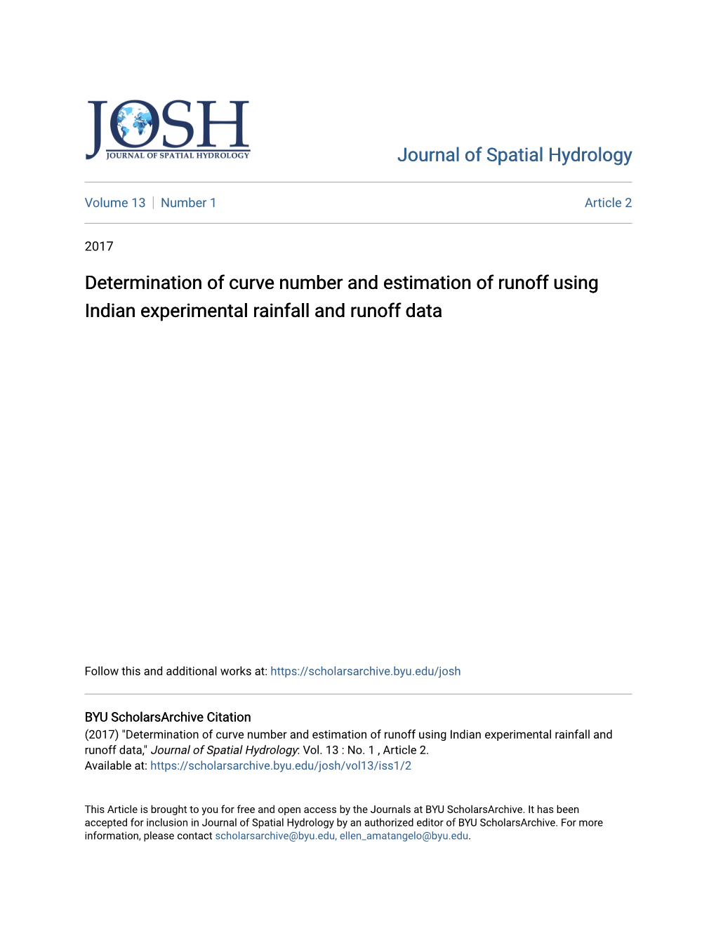 Determination of Curve Number and Estimation of Runoff Using Indian Experimental Rainfall and Runoff Data