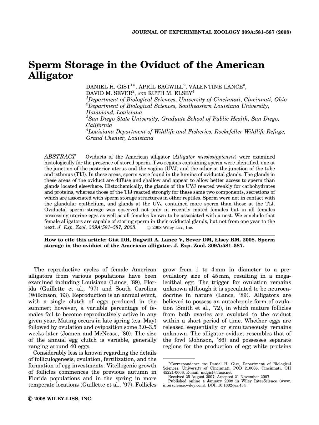 Sperm Storage in the Oviduct of the American Alligator DANIEL H