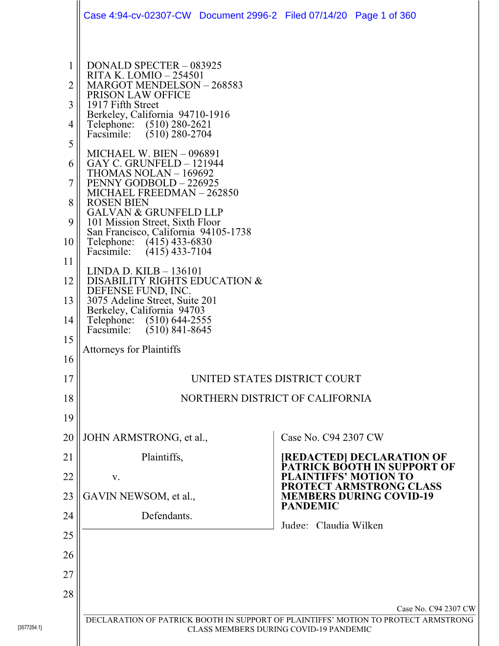 Case 4:94-Cv-02307-CW Document 2996-2 Filed 07/14/20 Page 1 of 360