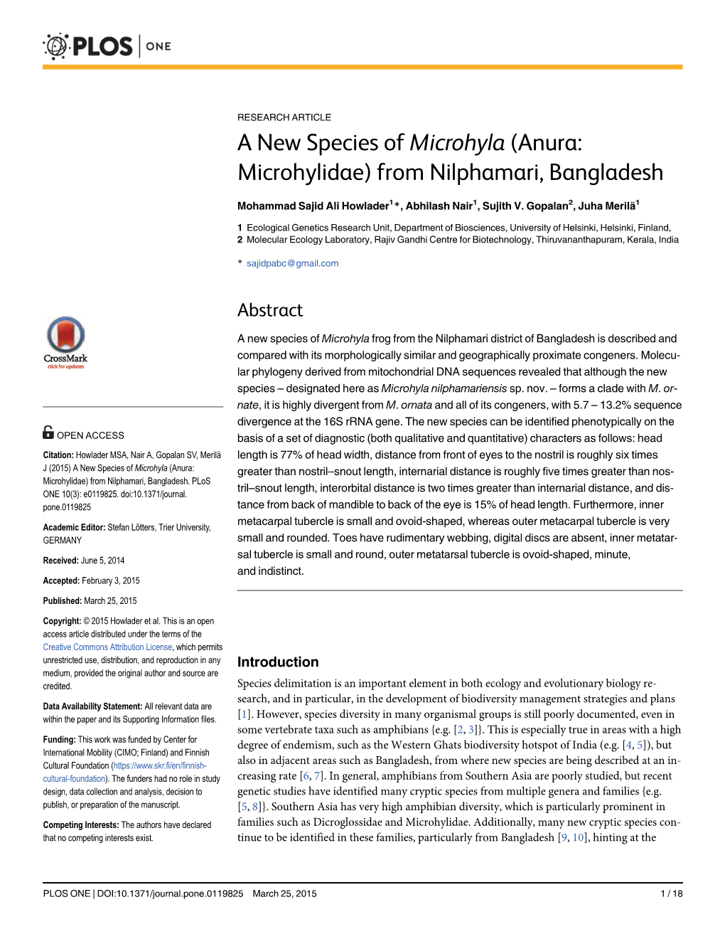 Journal.Pone.0119825 March 25, 2015 1/18 a New Species of Microhyla from Bangladesh