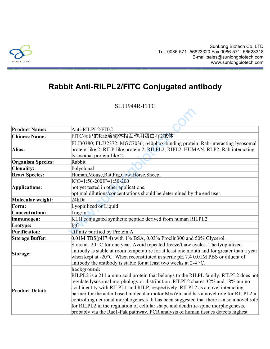 Rabbit Anti-RILPL2/FITC Conjugated Antibody-SL11944R-FITC