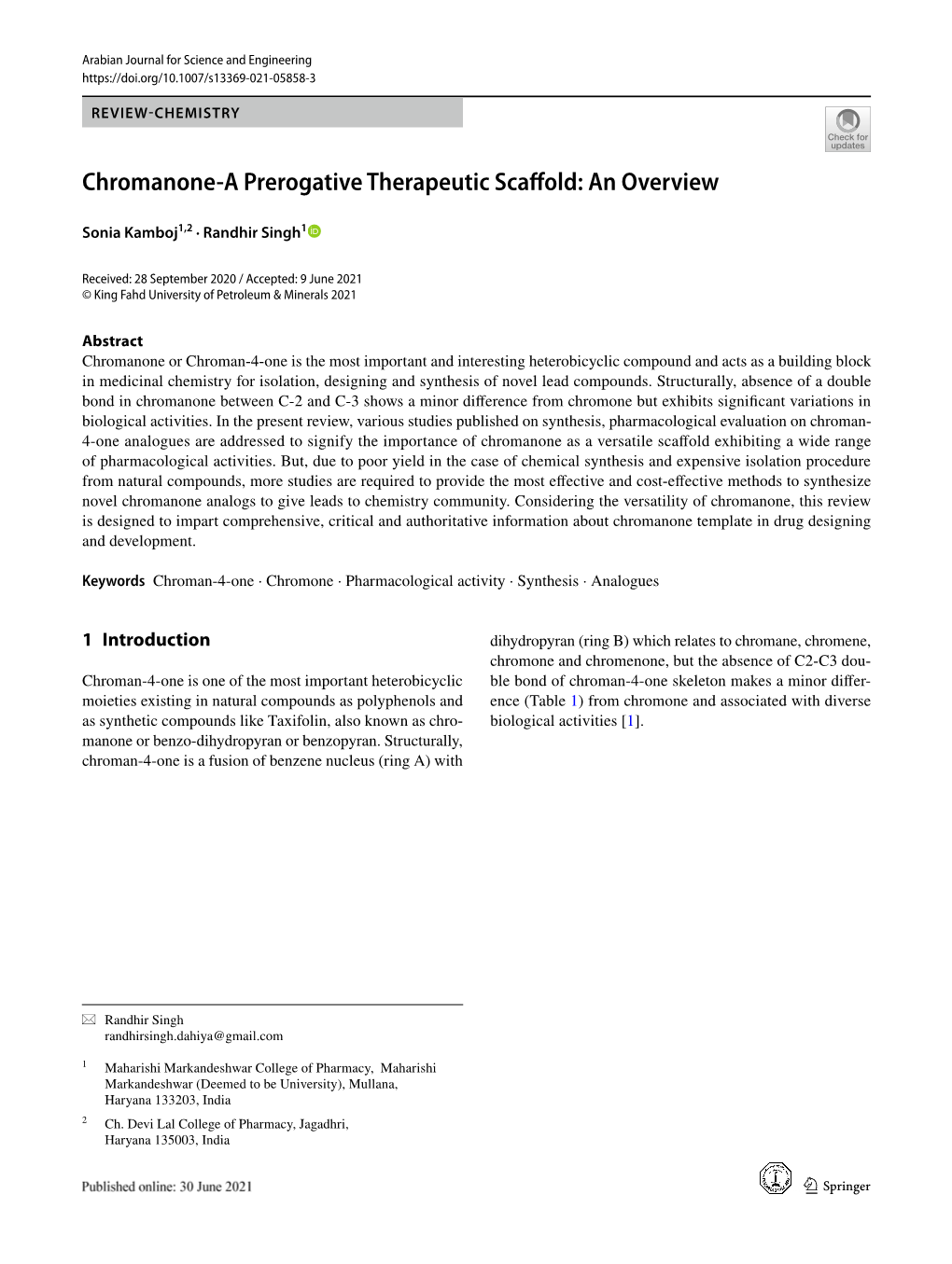 Chromanone-A Prerogative Therapeutic Scaffold: an Overview