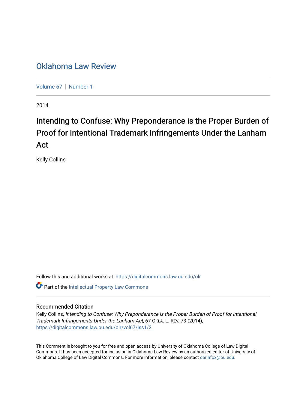 Why Preponderance Is the Proper Burden of Proof for Intentional Trademark Infringements Under the Lanham Act