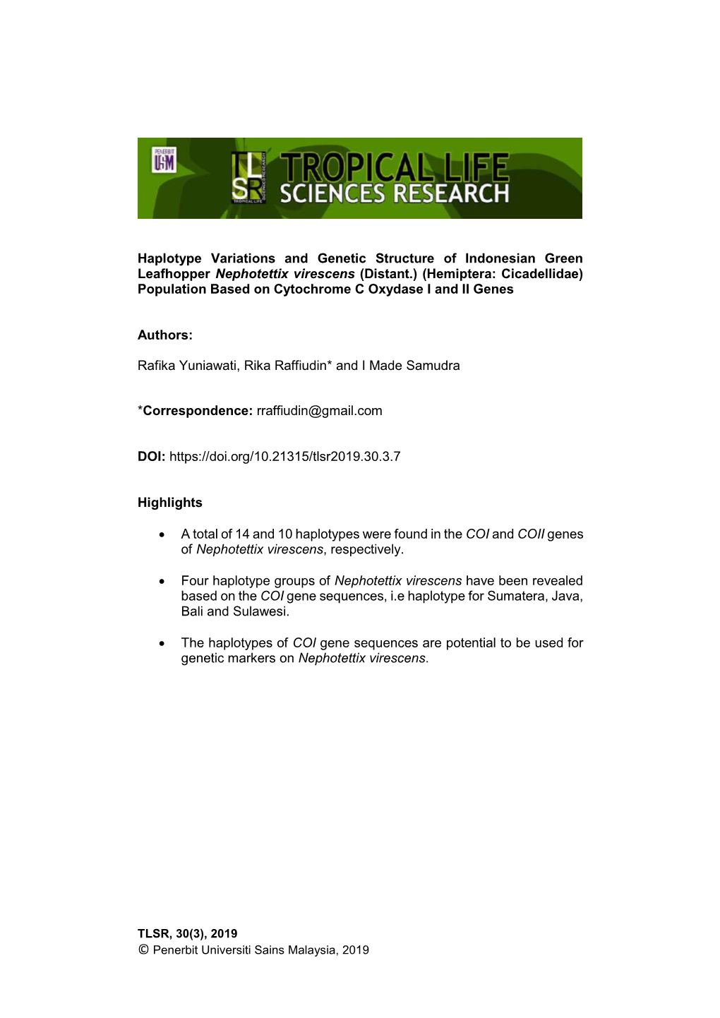 Haplotype Variations and Genetic Structure of Indonesian Green