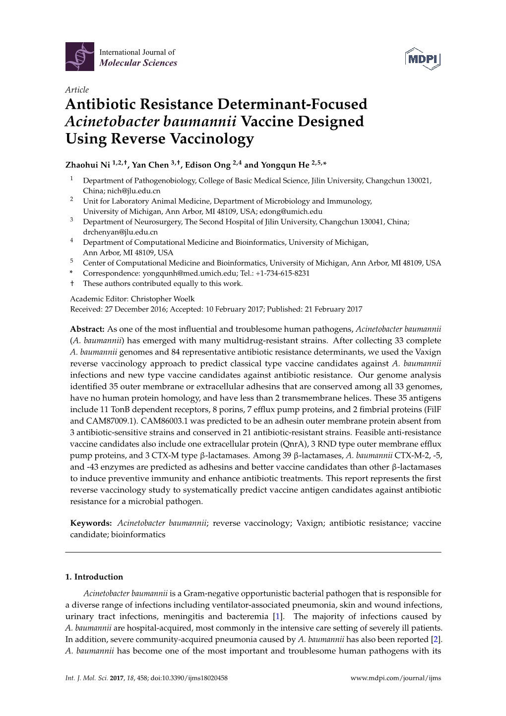 Antibiotic Resistance Determinant-Focused Acinetobacter Baumannii Vaccine Designed Using Reverse Vaccinology