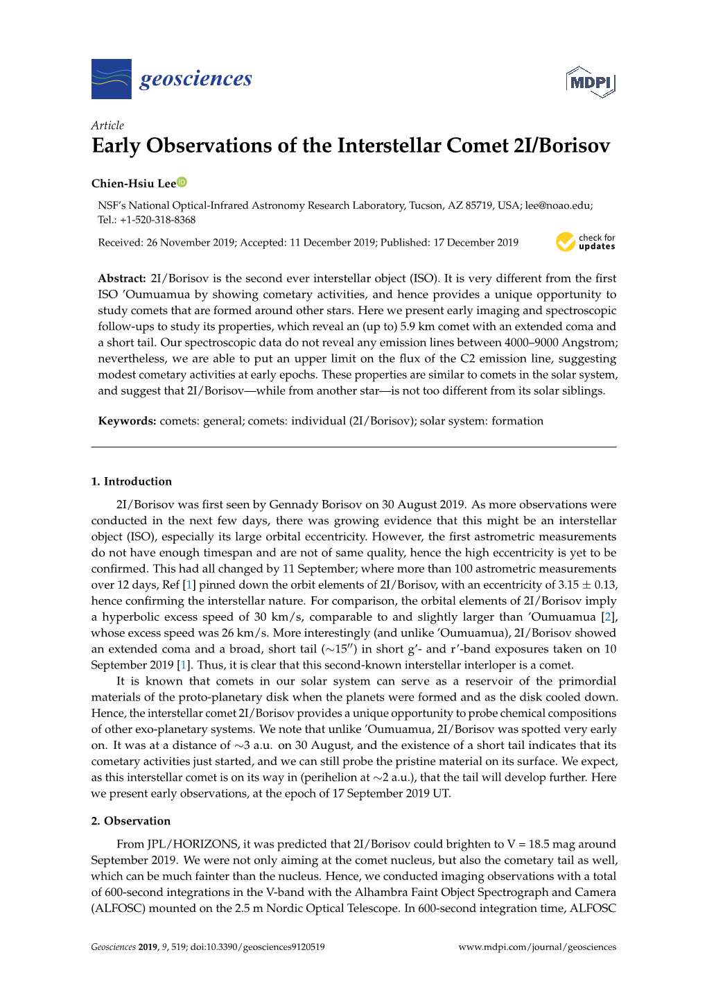 Early Observations of the Interstellar Comet 2I/Borisov