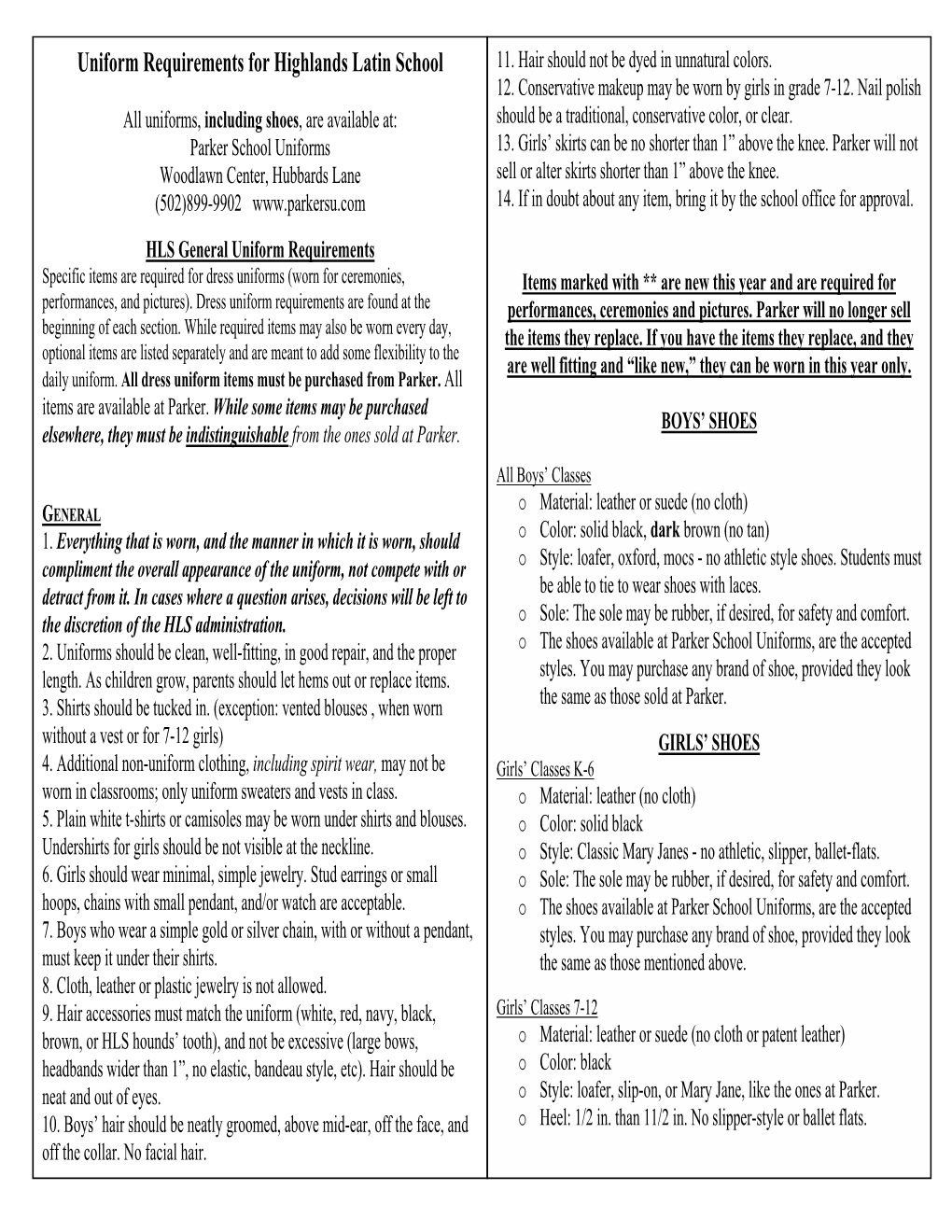 Uniform Requirements for Highlands Latin School 11
