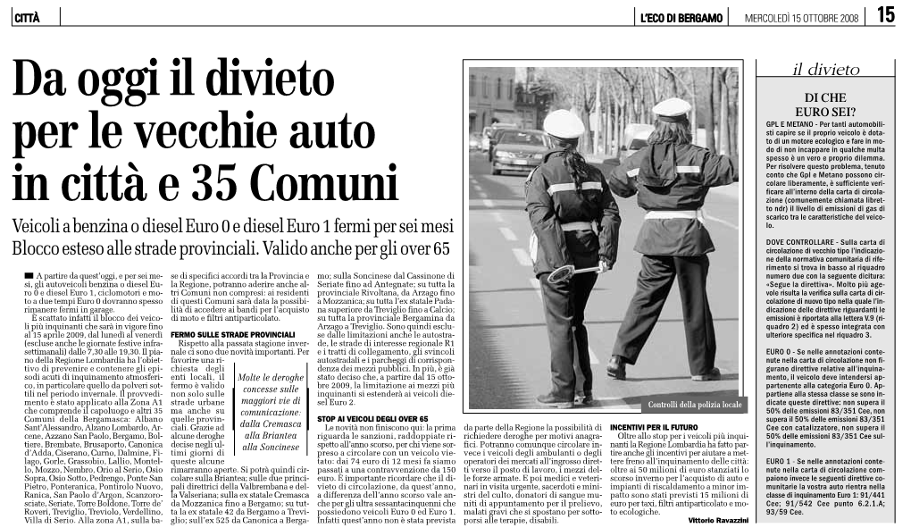 Da Oggi Il Divieto Per Le Vecchie Auto in Città E 35 Comuni