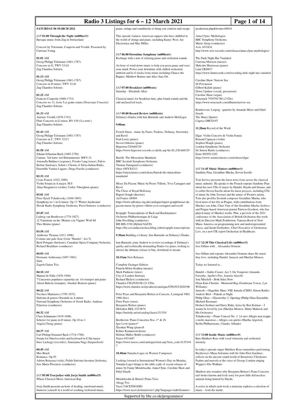 Radio 3 Listings for 6 – 12 March 2021 Page 1 of 14 SATURDAY 06 MARCH 2021 Piano, Strings and Soundtracks to Bring You Comfort and Escape