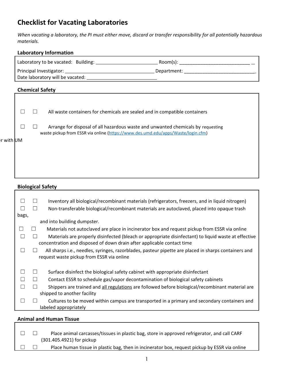 Checklist for Vacating Laboratories