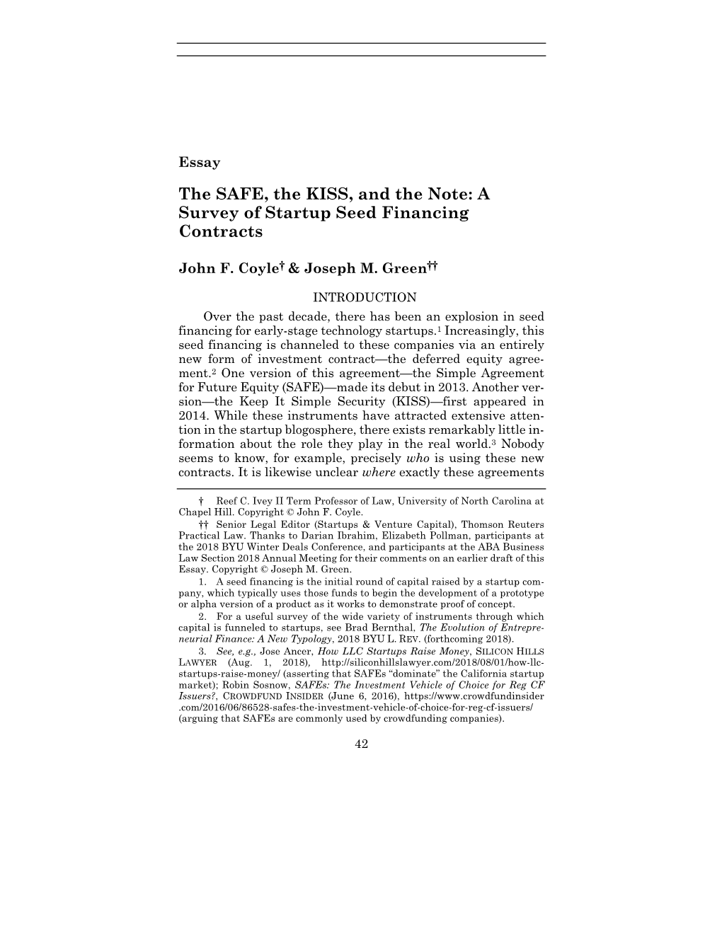 The SAFE, the KISS, and the Note: a Survey of Startup Seed Financing Contracts