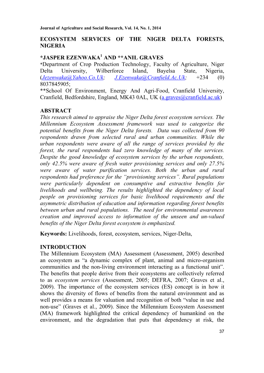 Ecosystem Services of the Niger Delta Forests, Nigeria