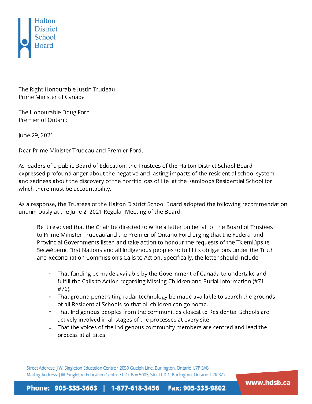 HDSB Letter to the Prime Minister Re:Truth and Reconciliation