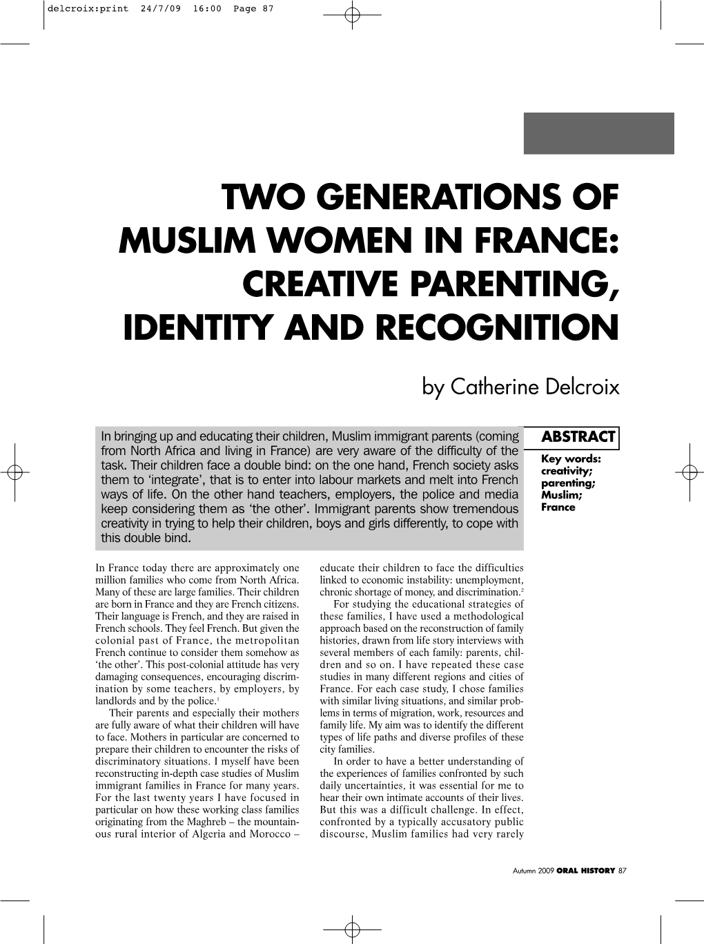 Two Generations of Muslim Women in France: Creative Parenting, Identity and Recognition
