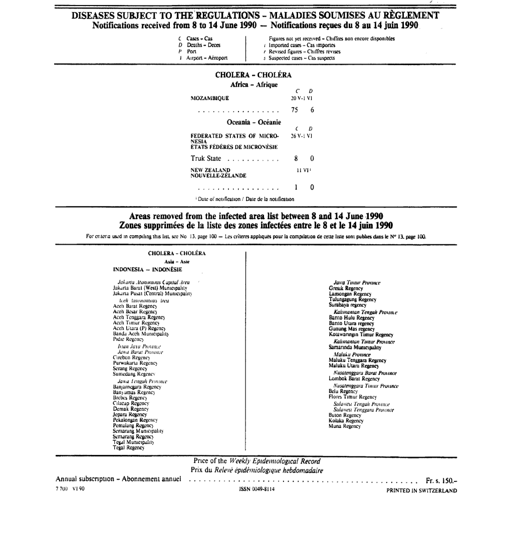 DISEASES SUBJECT to the REGULATIONS - MALADIES SOUMISES AU RÈGLEMENT Notifications Received from 8 to 14 June 1990 — Notifications Reçues Du 8 an 14 Juin 1990