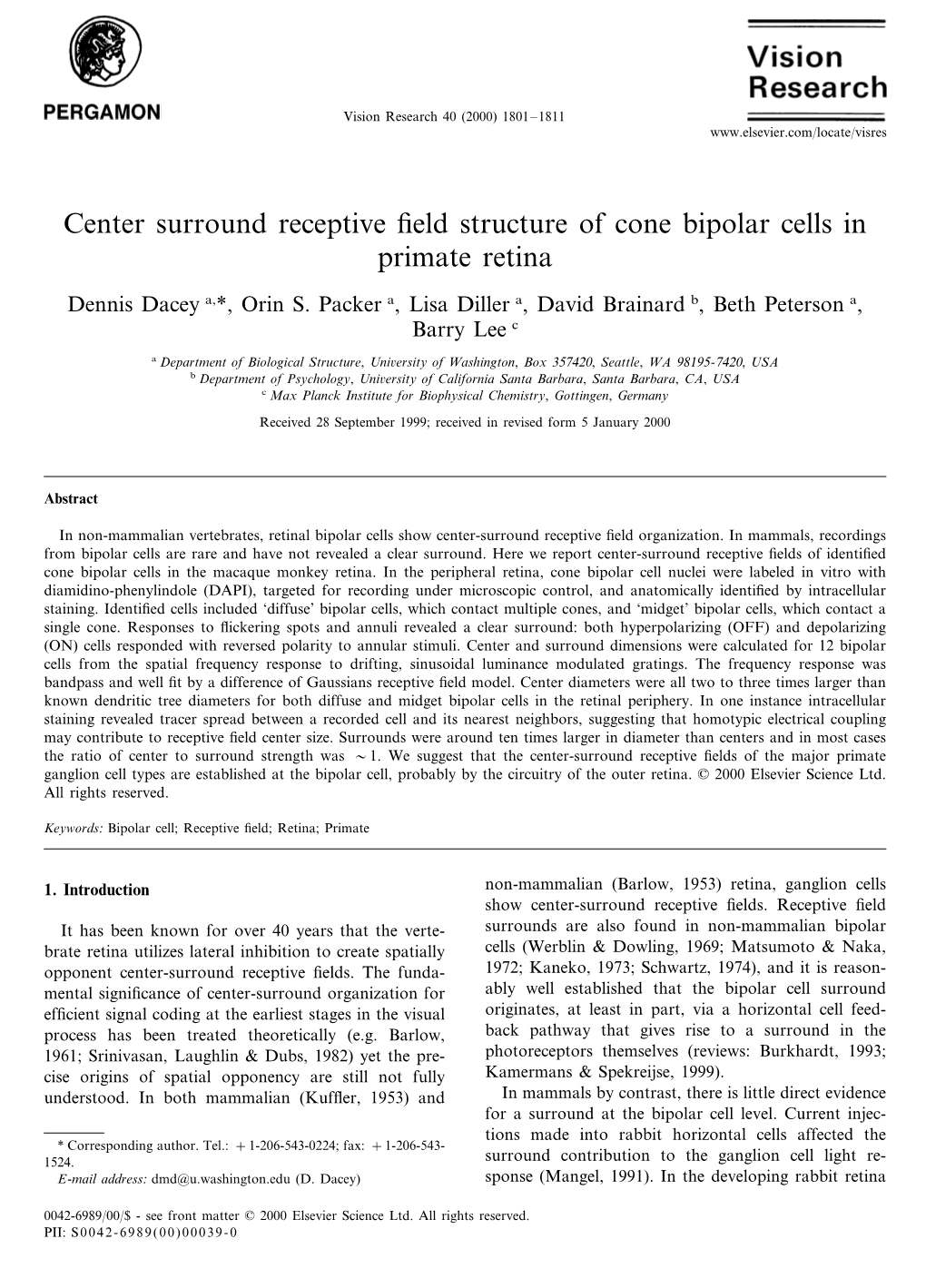 Center Surround Receptive Field Structure of Cone Bipolar Cells in Primate Retina