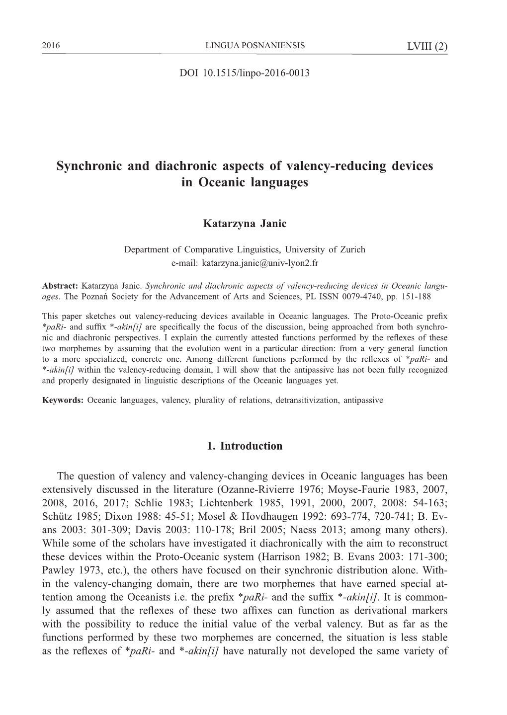 Synchronic and Diachronic Aspects of Valency-Reducing Devices in Oceanic Languages