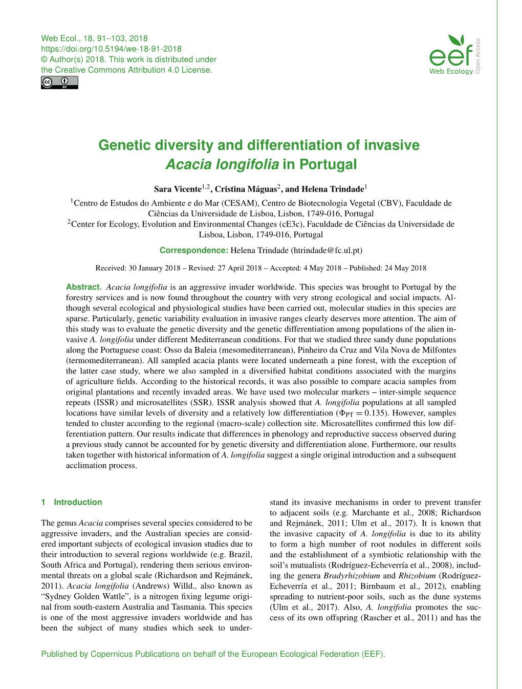 Genetic Diversity and Differentiation of Invasive Acacia Longifolia in Portugal
