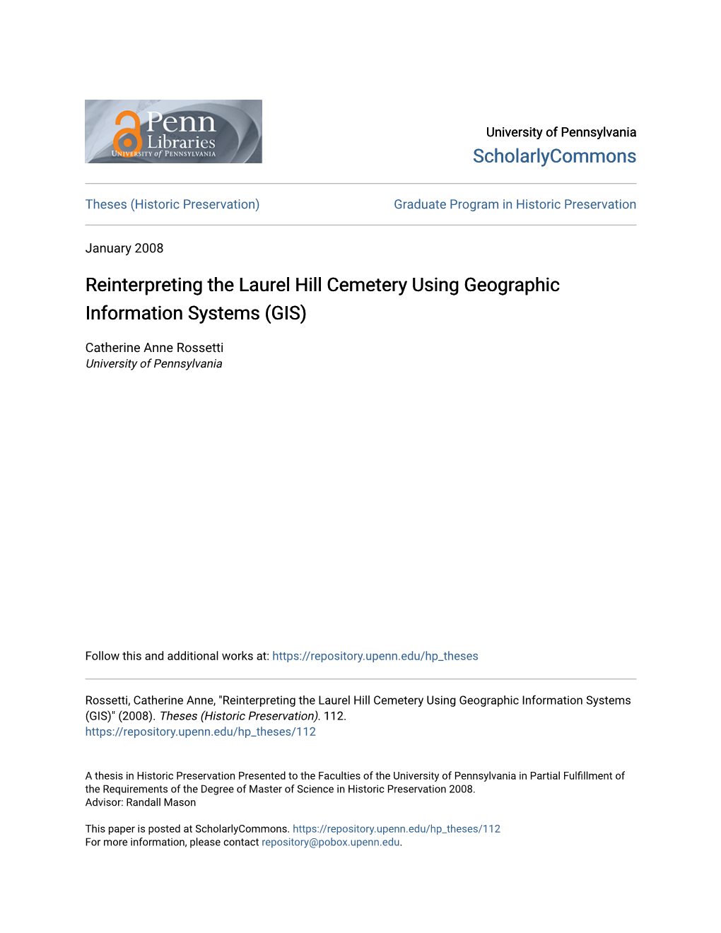 Reinterpreting the Laurel Hill Cemetery Using Geographic Information Systems (GIS)