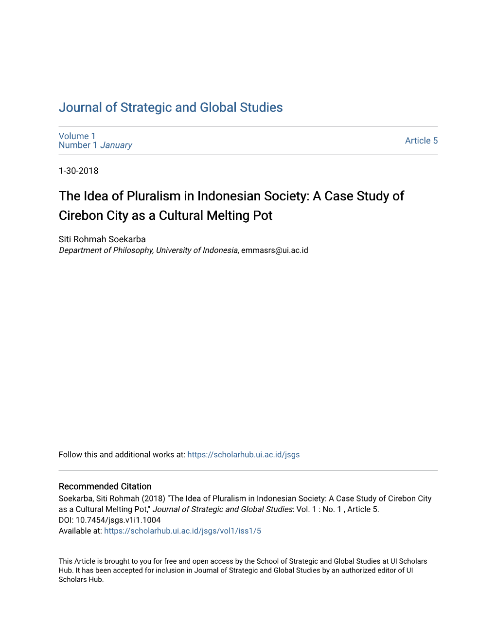 The Idea of Pluralism in Indonesian Society: a Case Study of Cirebon City As a Cultural Melting Pot