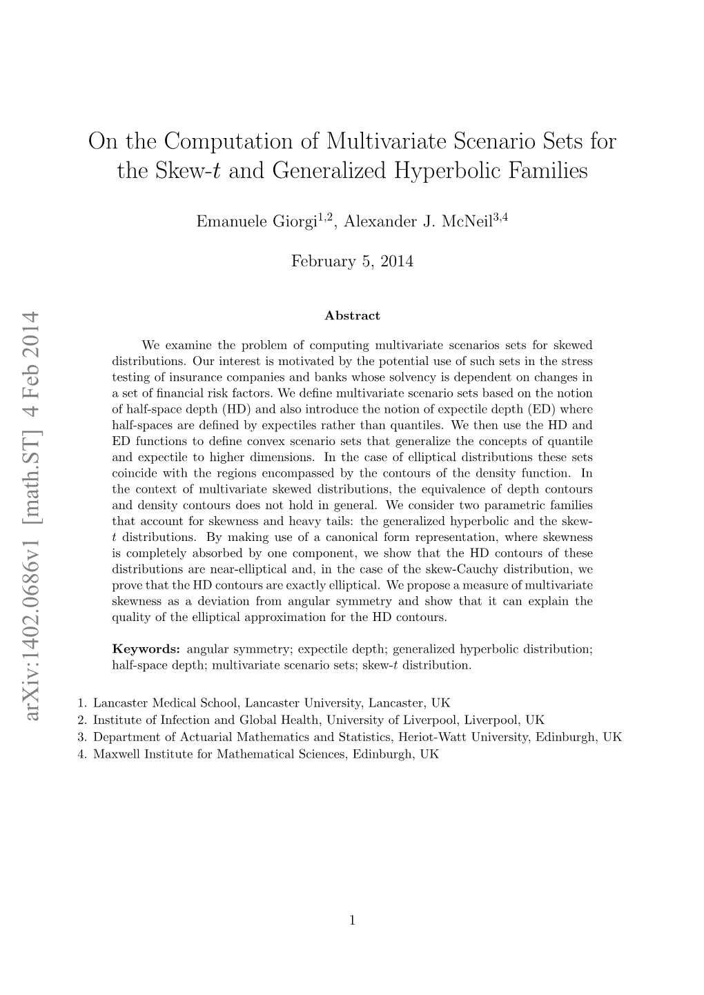 On the Computation of Multivariate Scenario Sets for the Skew-T and Generalized Hyperbolic Families Arxiv:1402.0686V1 [Math.ST]