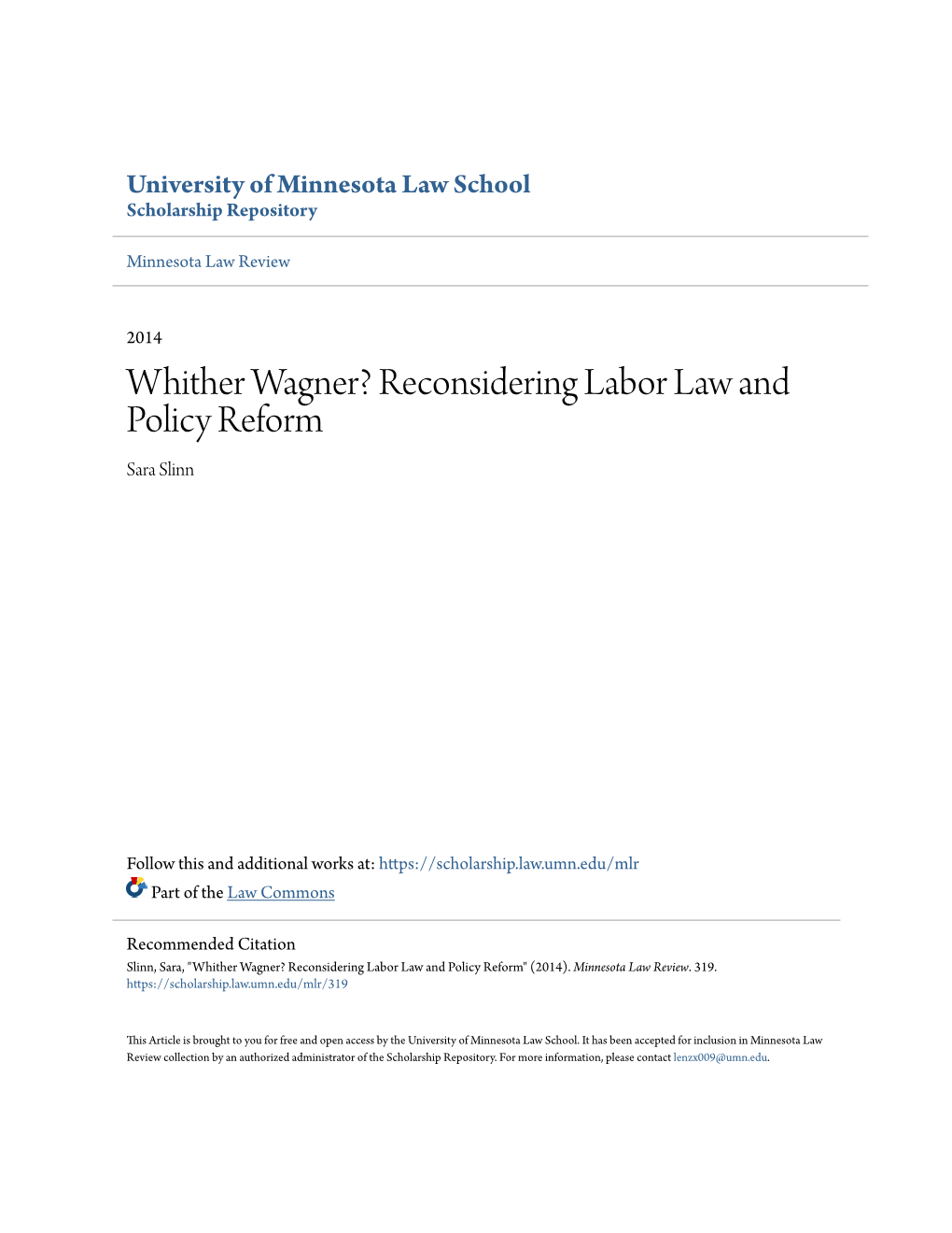 Reconsidering Labor Law and Policy Reform Sara Slinn