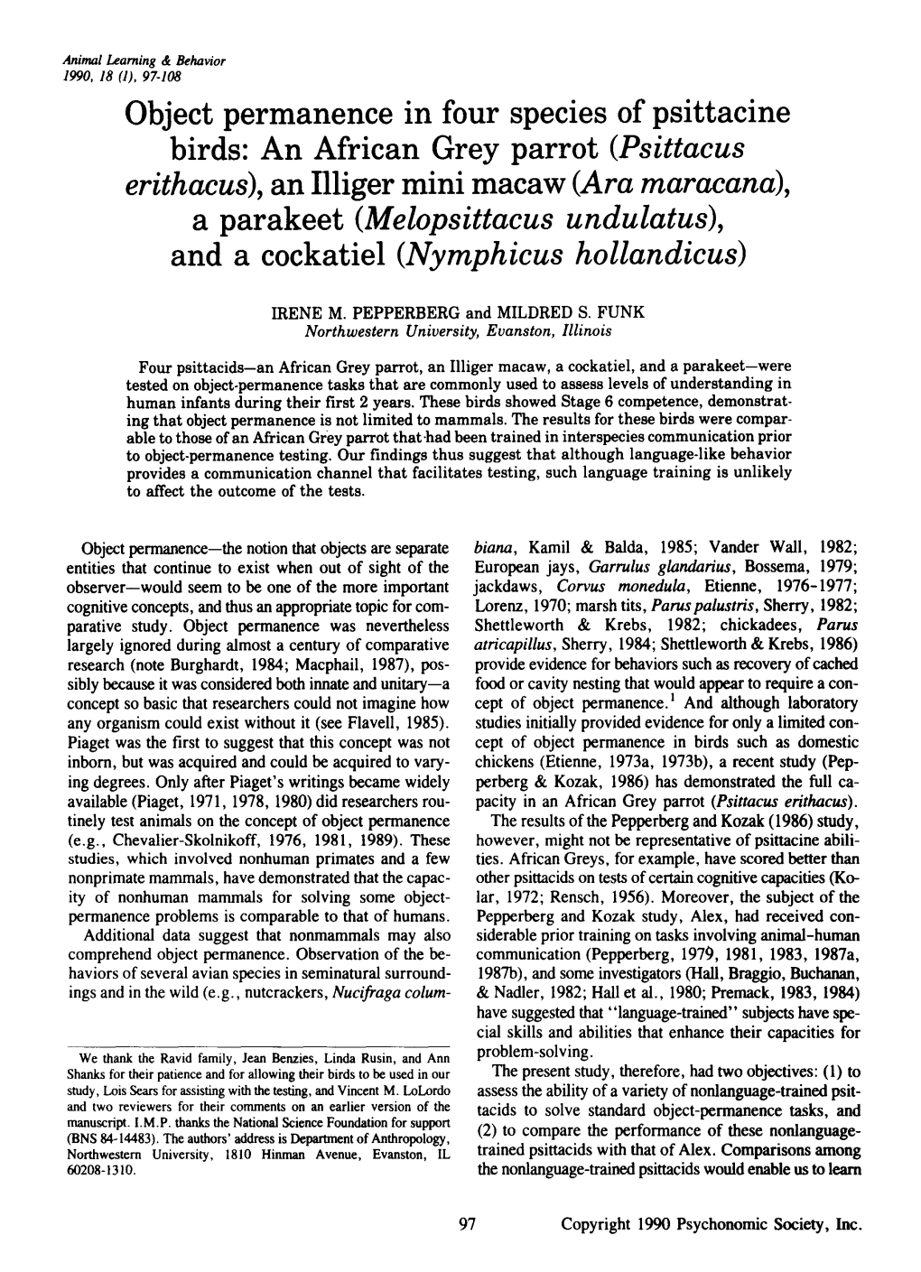 Object Permanence in Four Species of Psittacine Birds: an African Grey