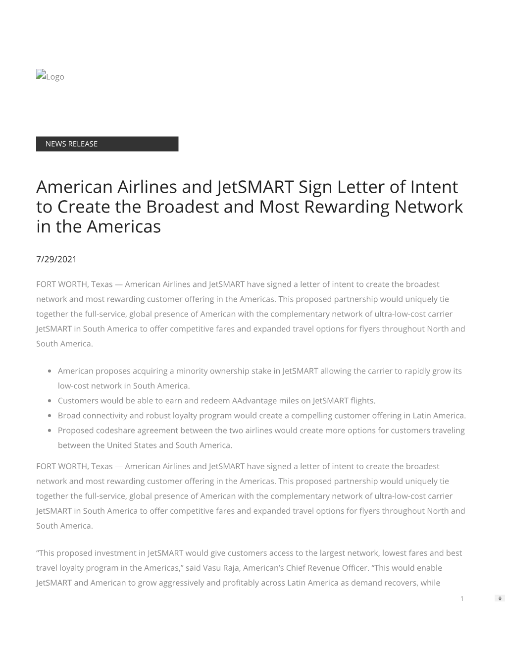 American Airlines and Jetsmart Sign Letter of Intent to Create the Broadest and Most Rewarding Network in the Americas
