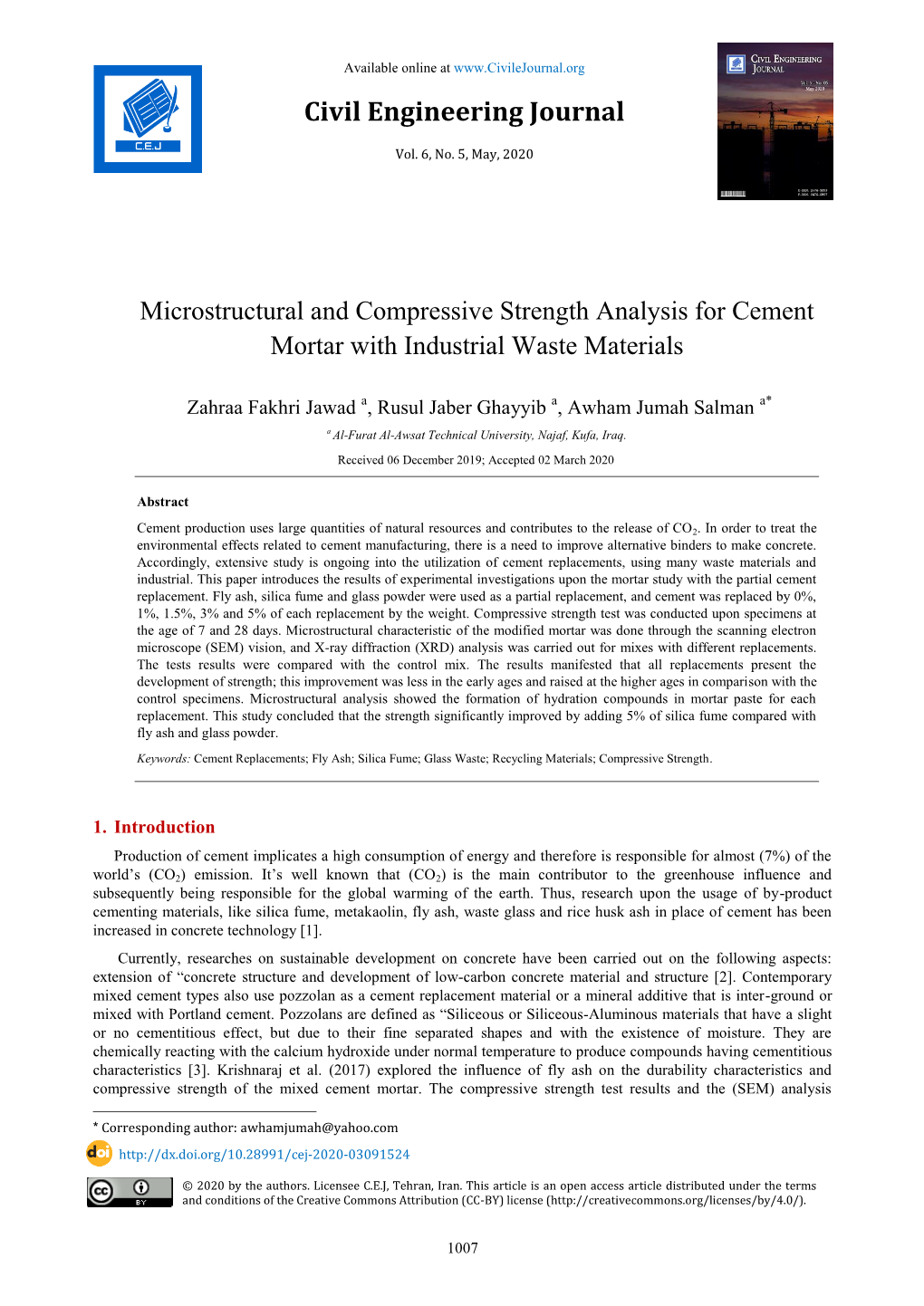 Microstructural and Compressive Strength Analysis for Cement Mortar with Industrial Waste Materials