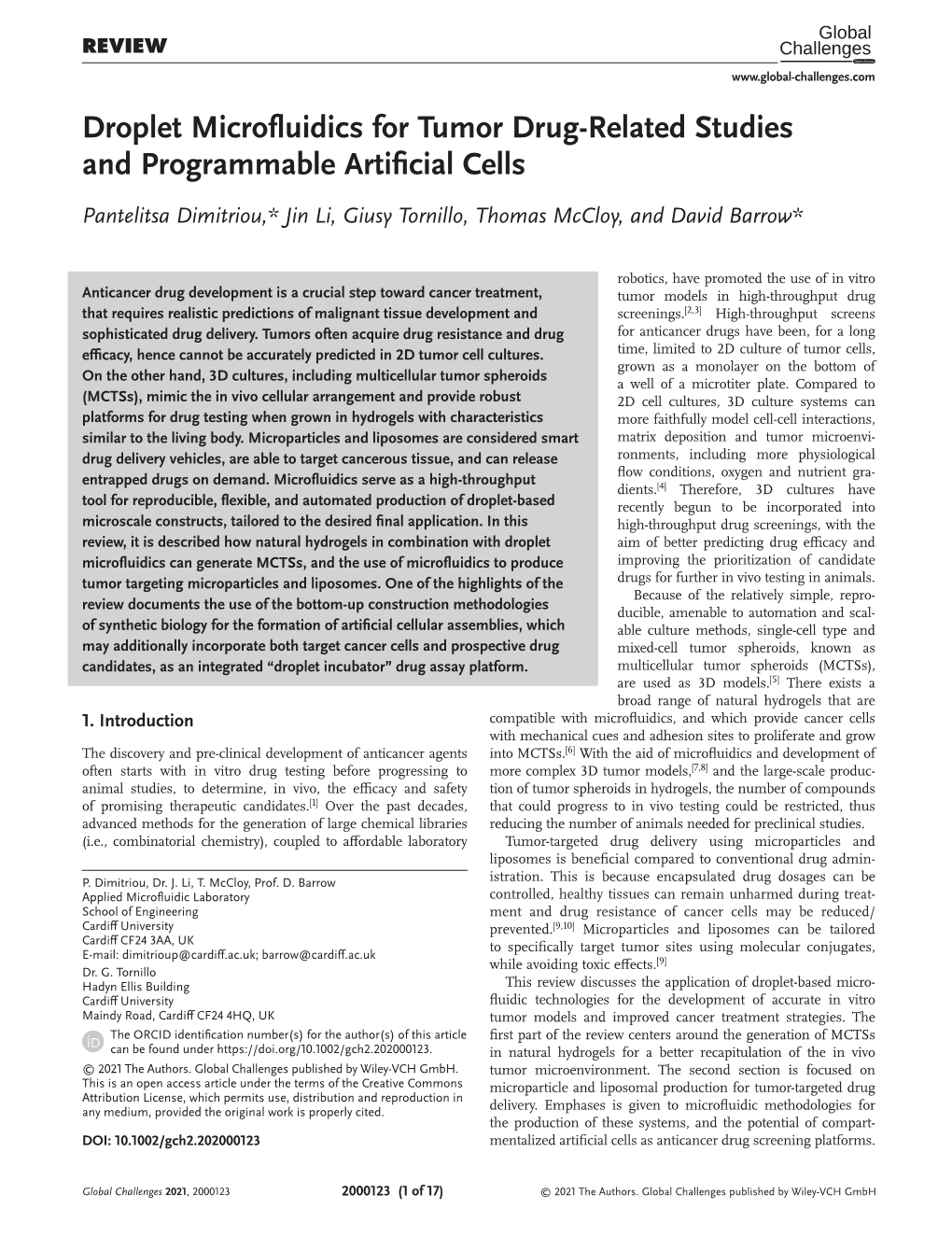 Droplet Microfluidics for Tumor Drug‐Related Studies And