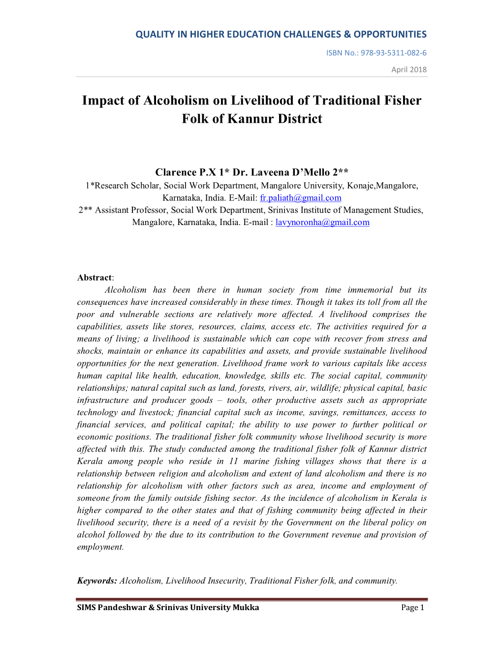 Impact of Alcoholism on Livelihood of Traditional Fisher Folk of Kannur District