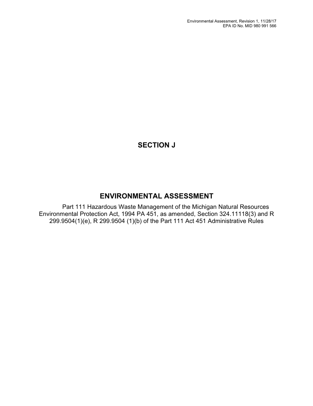 Environmental Assessment, Revision 1, 11/28/17 EPA ID No