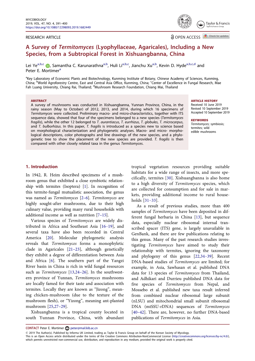 A Survey of Termitomyces (Lyophyllaceae, Agaricales), Including a New Species, from a Subtropical Forest in Xishuangbanna, China