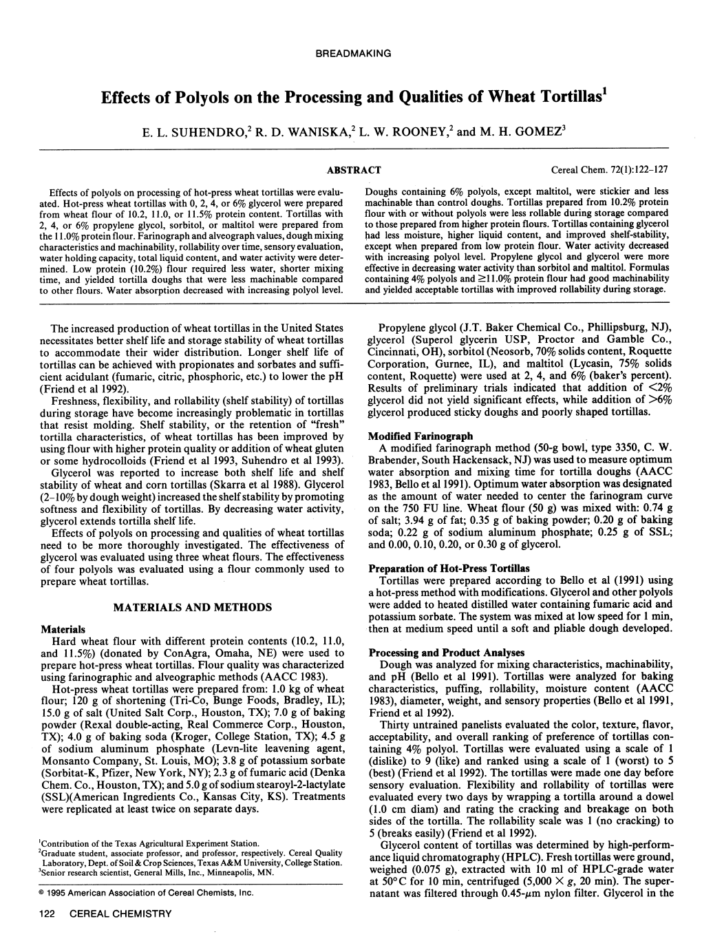 Effects of Polyols on the Processing and Qualities of Wheat Tortillas'