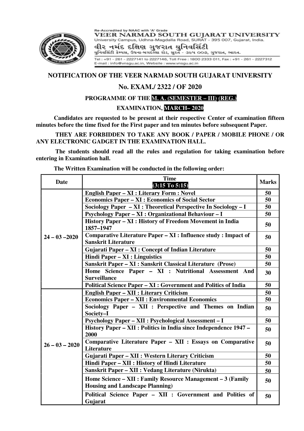 No. EXAM./ 2322 / of 2020 PROGRAMME of the M
