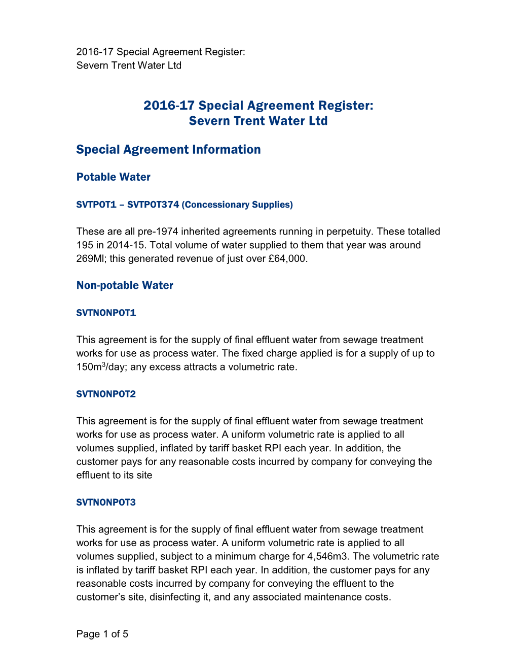 2016-17 Special Agreement Register: Severn Trent Water Ltd Page 1 of 5