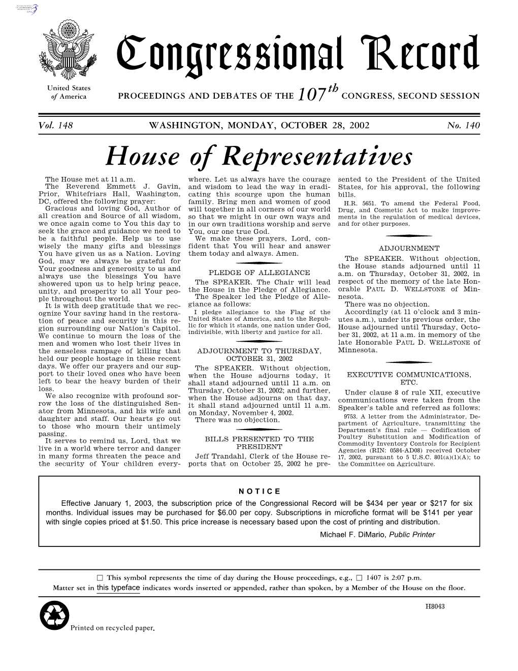 Congressional Record United States Th of America PROCEEDINGS and DEBATES of the 107 CONGRESS, SECOND SESSION