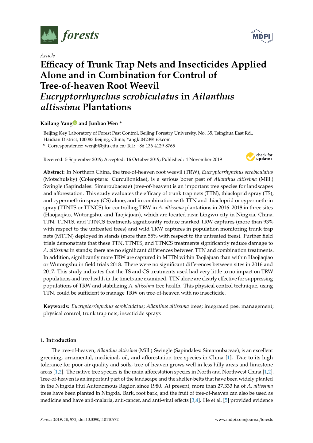 Efficacy of Trunk Trap Nets and Insecticides Applied Alone and In