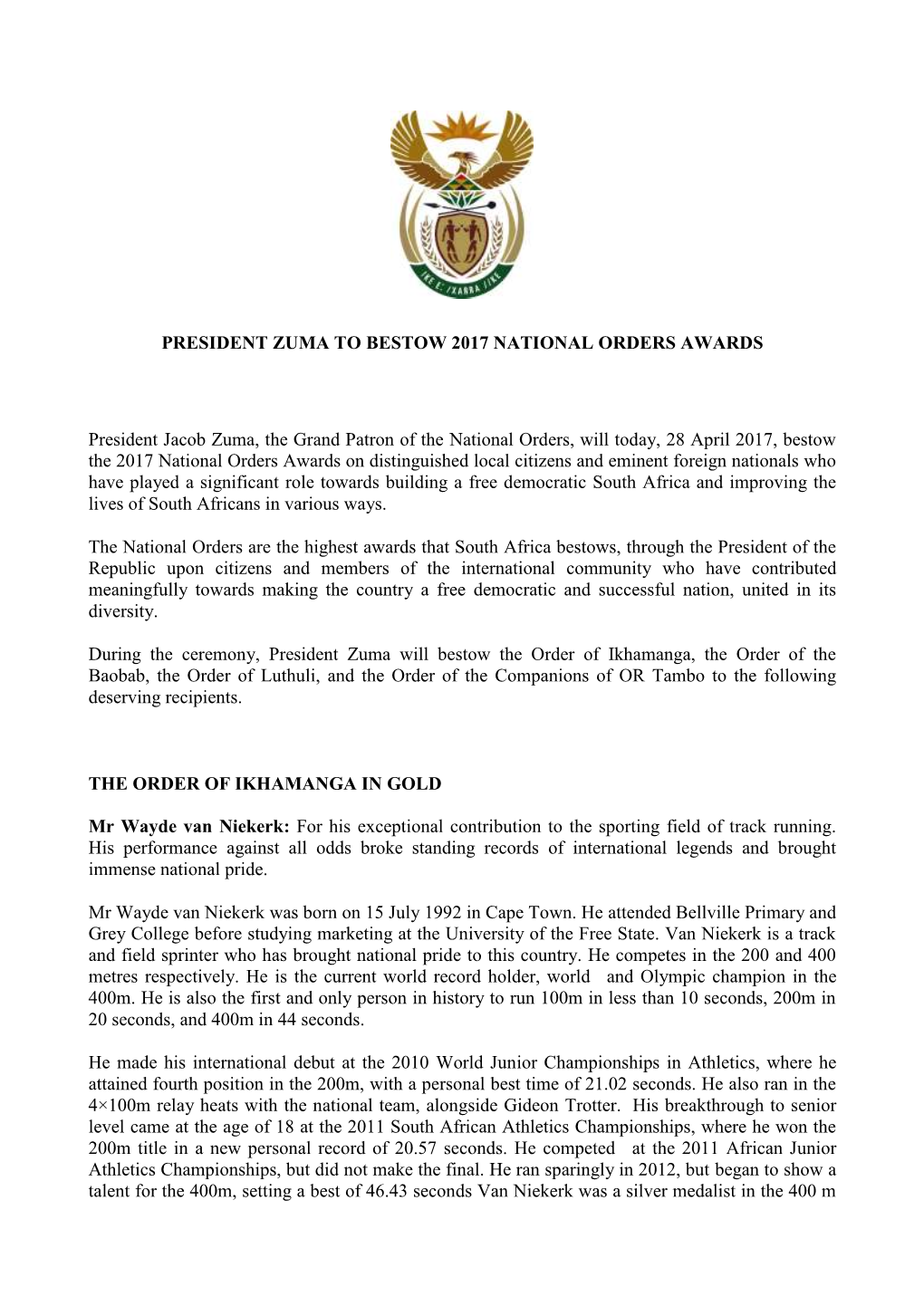 President Zuma to Bestow 2017 National Orders Awards