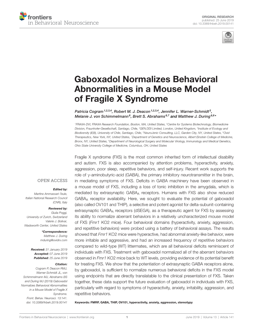 Gaboxadol Normalizes Behavioral Abnormalities in a Mouse Model of Fragile X Syndrome