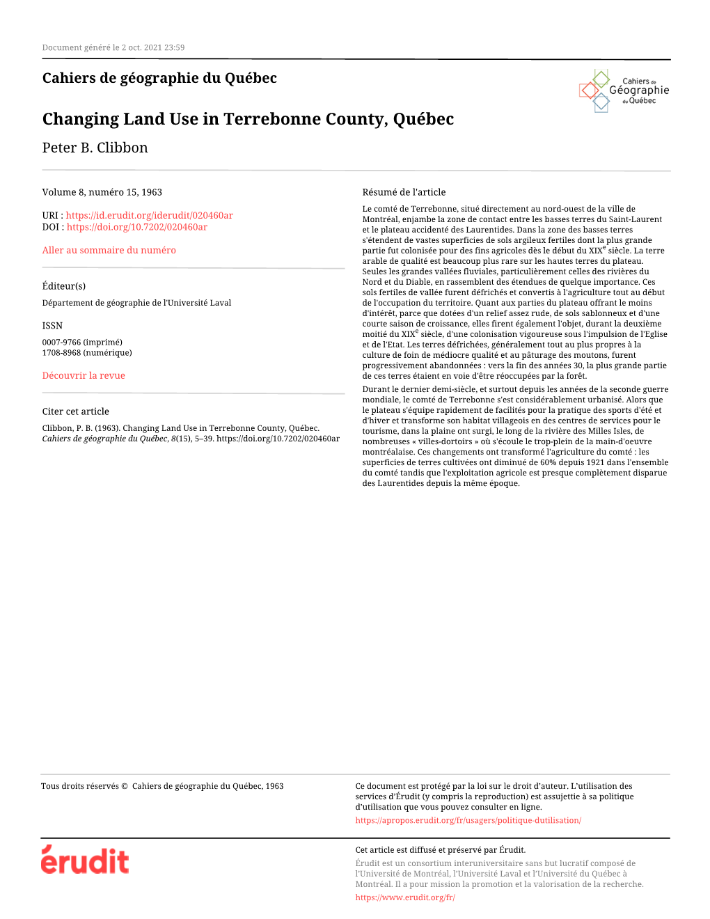 Changing Land Use in Terrebonne County, Québec Peter B