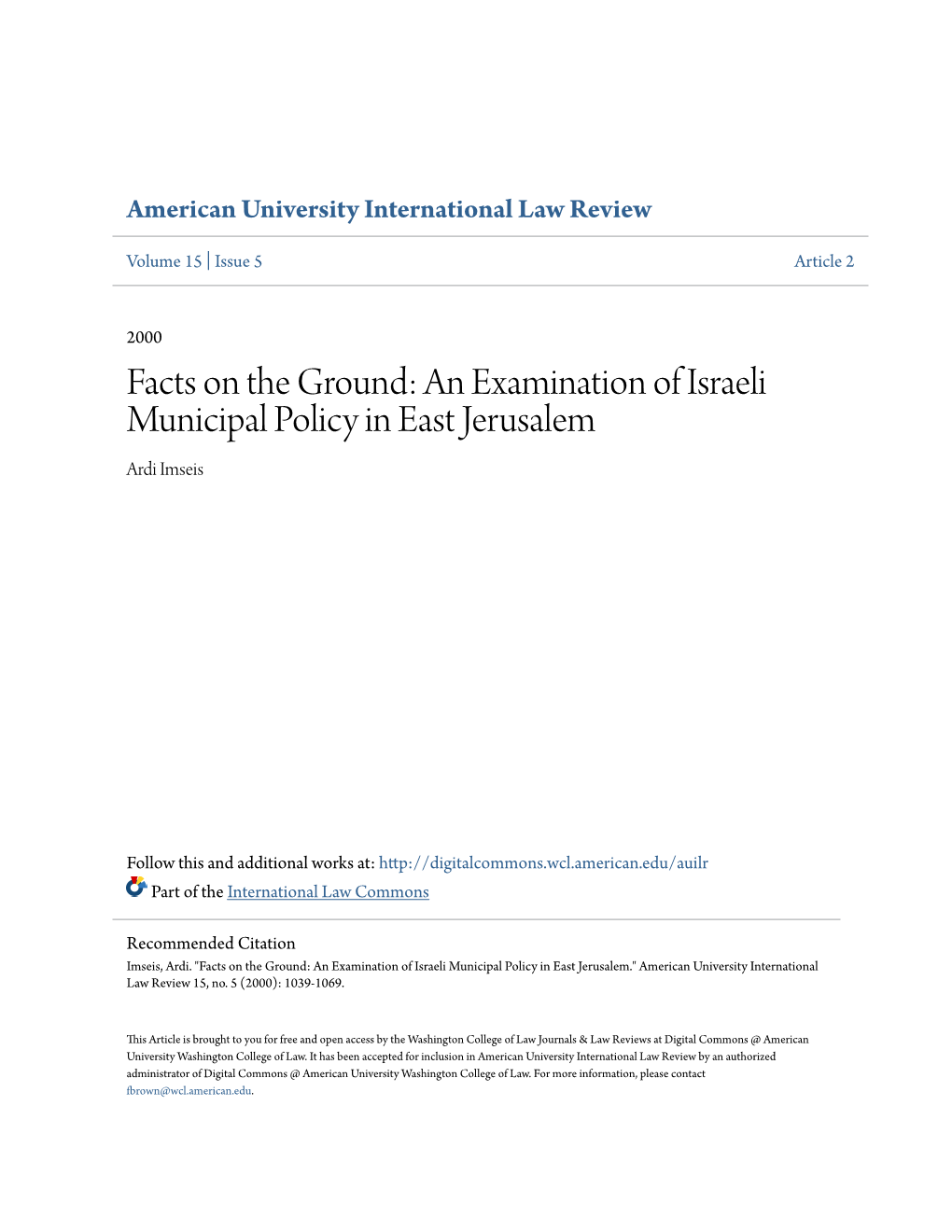 An Examination of Israeli Municipal Policy in East Jerusalem Ardi Imseis