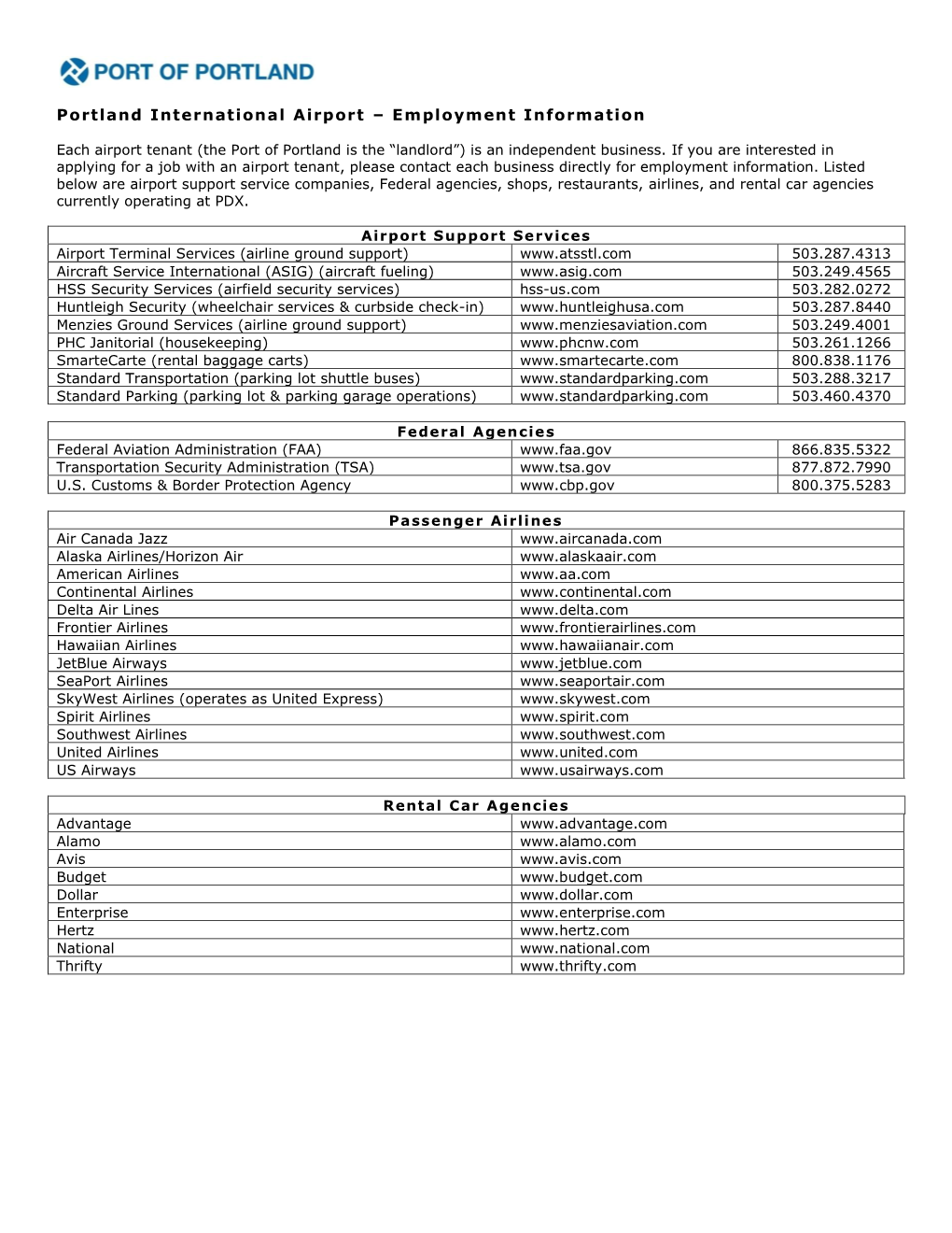 Portland International Airport – Employment Information